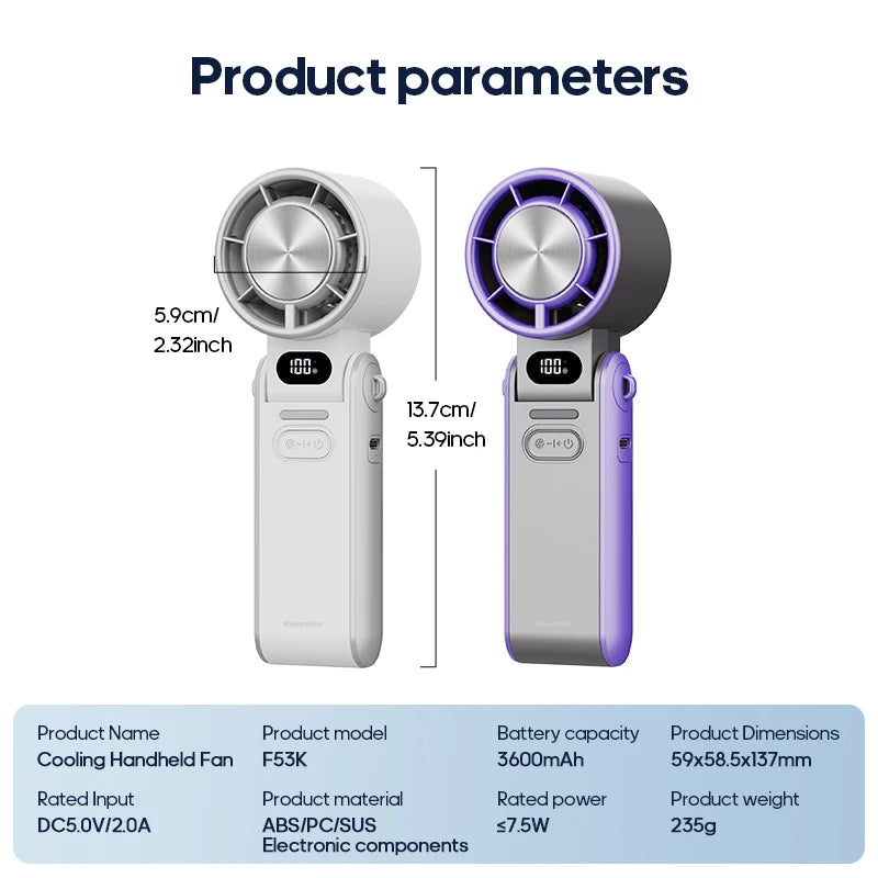 Portable High-Speed Handheld Cooling Fan with 3600mAh Rechargeable Battery
