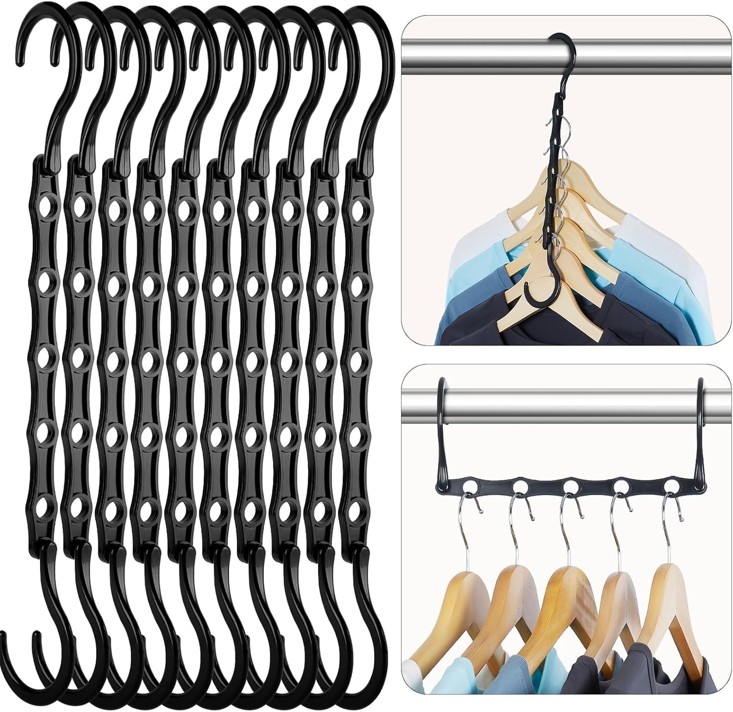 Premium Black Magic Space-Saving Hangers - 10 Pack, Durable Cascading Hanger Hooks with 5 Holes for Heavy Clothing, Ideal Closet Organizers and Storage Solutions for College Dorms