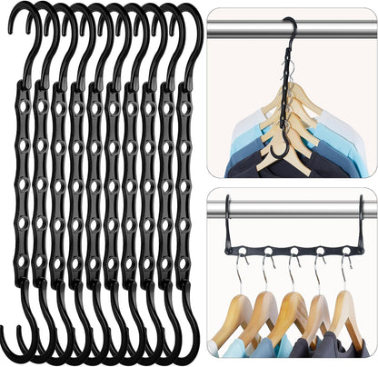 Premium Black Magic Space-Saving Hangers - 10 Pack, Durable Cascading Hanger Hooks with 5 Holes for Heavy Clothing, Ideal Closet Organizers and Storage Solutions for College Dorms