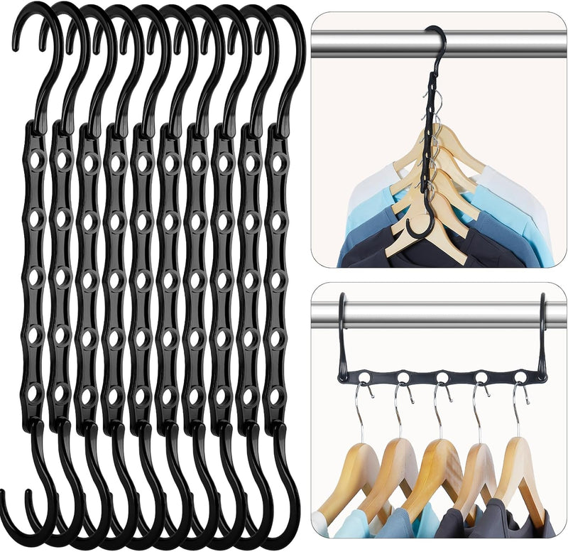 Premium Black Magic Space-Saving Hangers - 10 Pack, Durable Cascading Hanger Hooks with 5 Holes for Heavy Clothing, Ideal Closet Organizers and Storage Solutions for College Dorms