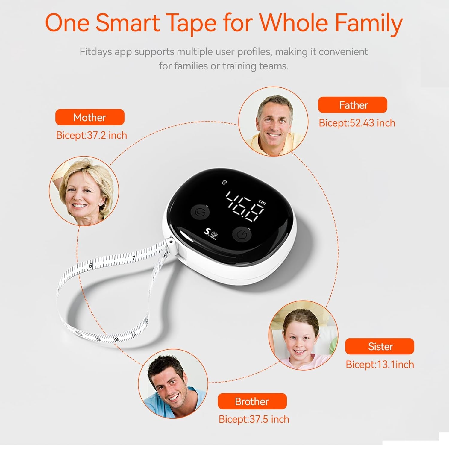 FITDAYS Smart Body Measuring Tape - Bluetooth-Enabled Fitness Tool for Weight Management and Muscle Measurement, 60In/150Cm (Black)