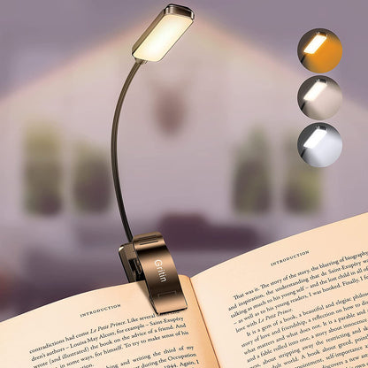 Rechargeable LED Book Light with 3 Color Temperatures and Stepless Dimming - Lightweight Clip-On Design for Eye Comfort and Extended Runtime