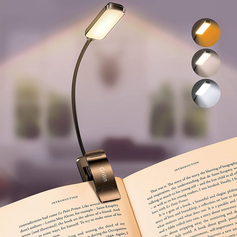 Rechargeable LED Book Light with 3 Color Temperatures and Stepless Dimming - Lightweight Clip-On Design for Eye Comfort and Extended Runtime