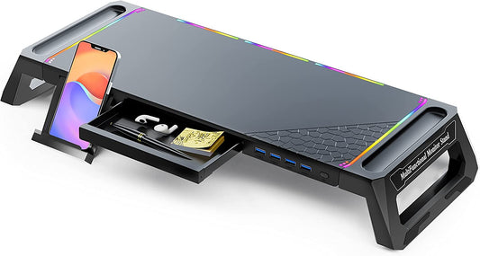 Monitor Stand for Desk RGB Gaming Lights with 4 USB 3.0 Hub,  Foldable Computer Screen Riser with Storage Drawer and Phone Holder, Desk Organizer with Pen Tray for Pc/Laptop/Imac - Black