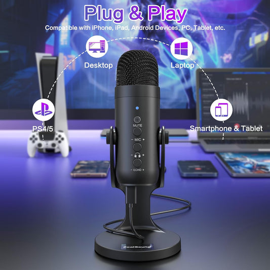 USB Microphone,Condenser Computer PC Mic,Plug&Play Gaming Microphones for PS 4&5.Headphone Output&Volume Control,Mic Gain Control,Mute Button for Vocal,Youtube Podcast on Mac&Windows(Black)