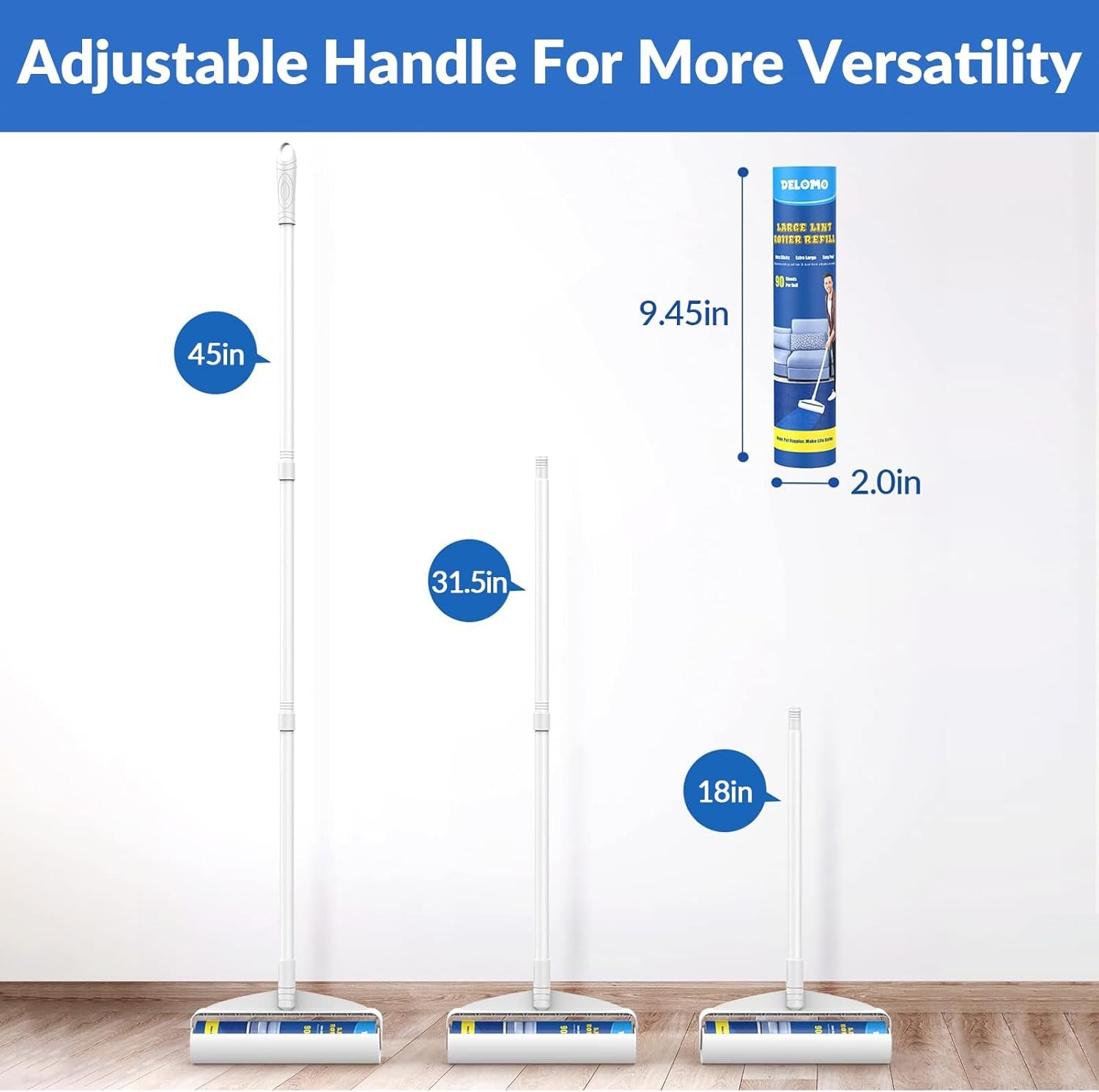 Large Lint Rollers for Carpet and Floor Cleaning - 9.45 Inch with 3 Extendable Handles, Ideal for Carpets, Vehicles, Clothing, and Pet Hair Removal
