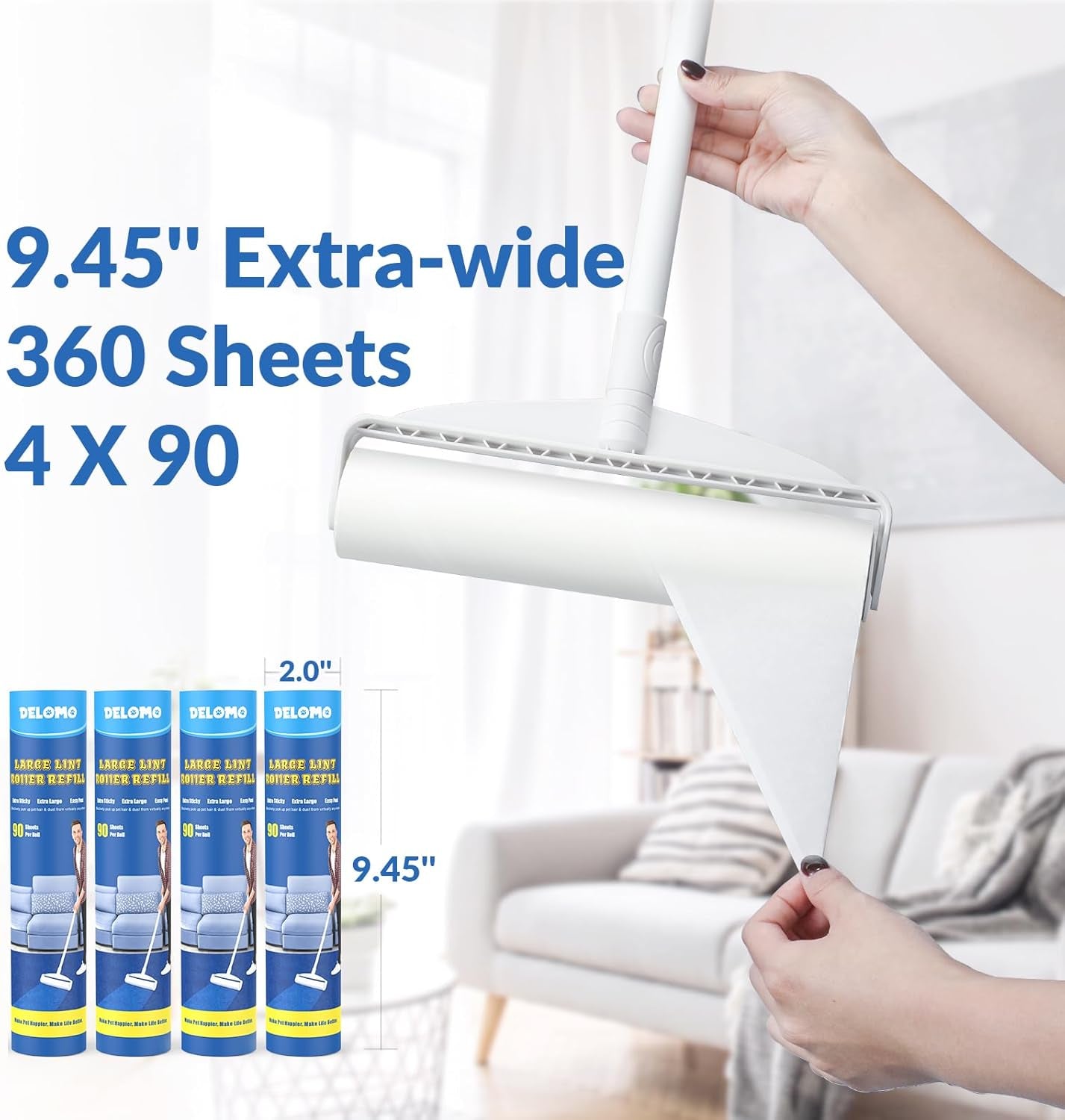 Large Lint Rollers for Carpet and Floor Cleaning - 9.45 Inch with 3 Extendable Handles, Ideal for Carpets, Vehicles, Clothing, and Pet Hair Removal