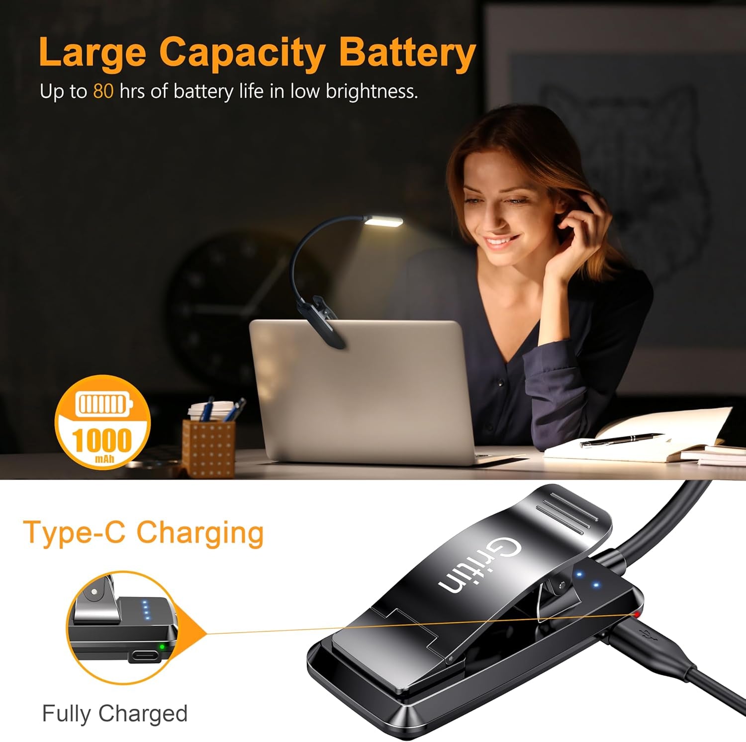Rechargeable LED Book Light with 3 Color Temperatures and Stepless Dimming - Lightweight Clip-On Design for Eye Comfort and Extended Runtime