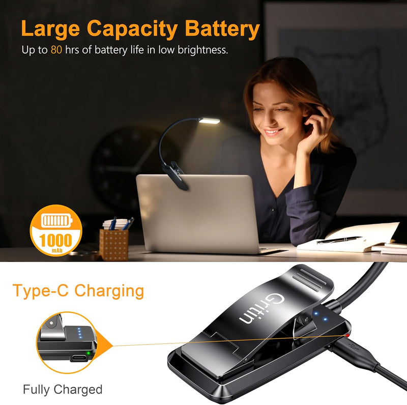 Rechargeable LED Book Light with 3 Color Temperatures and Stepless Dimming - Lightweight Clip-On Design for Eye Comfort and Extended Runtime