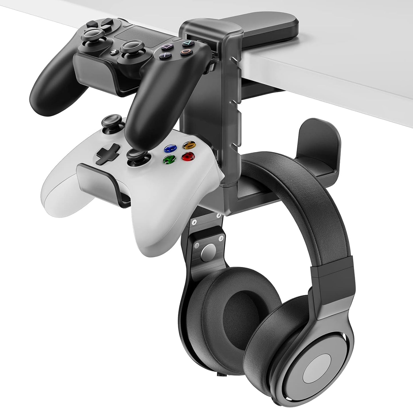 3-In-1 Headphone Stand PC Gaming Controller Holder,Gaming Headset Holder with Adjustable Clamp&2 Controller Holder&Rotating Arm,Universal PC Gaming Accessory Controller Headset Stand