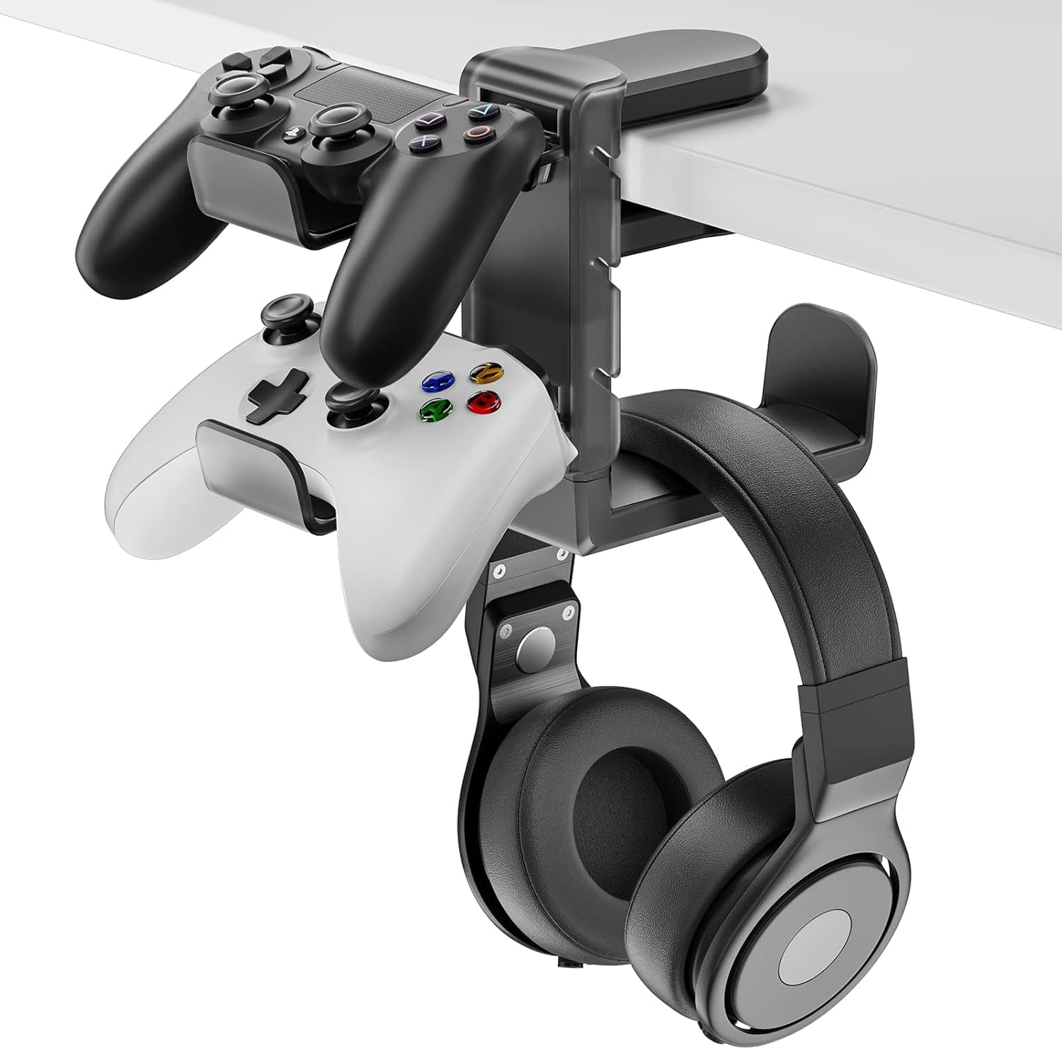 3-In-1 Headphone Stand PC Gaming Controller Holder,Gaming Headset Holder with Adjustable Clamp&2 Controller Holder&Rotating Arm,Universal PC Gaming Accessory Controller Headset Stand