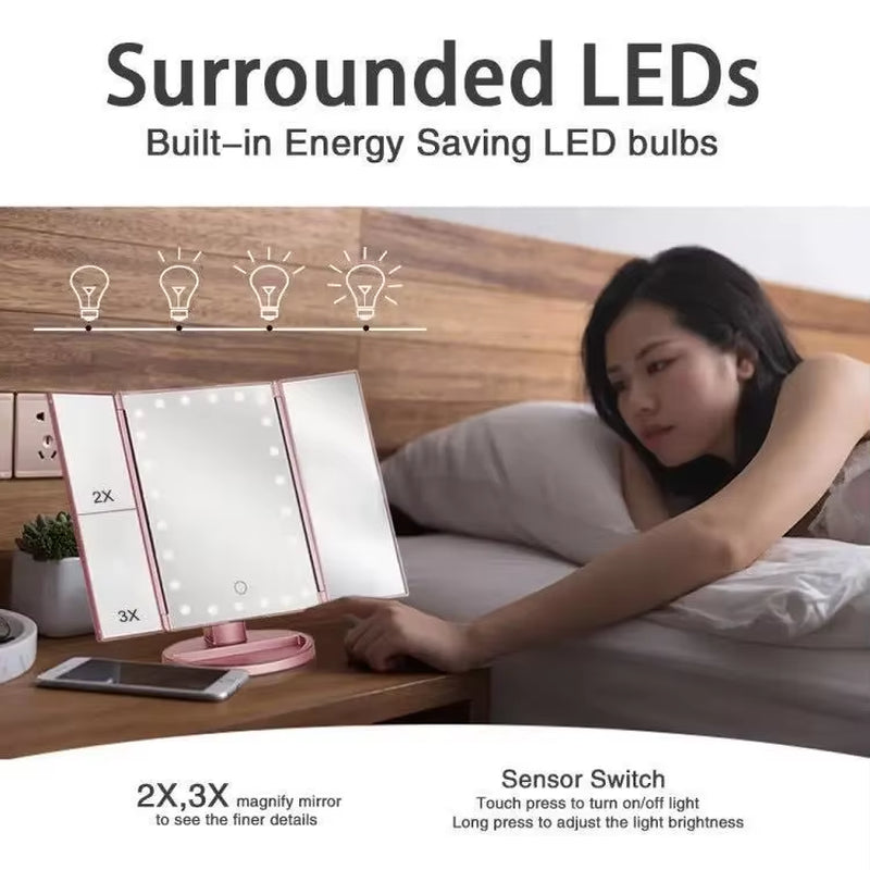 Led Vanity Mirror with Light Portable 10X Magnifying Desktop Three Side Folding Vanity Mirror