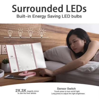 Led Vanity Mirror with Light Portable 10X Magnifying Desktop Three Side Folding Vanity Mirror